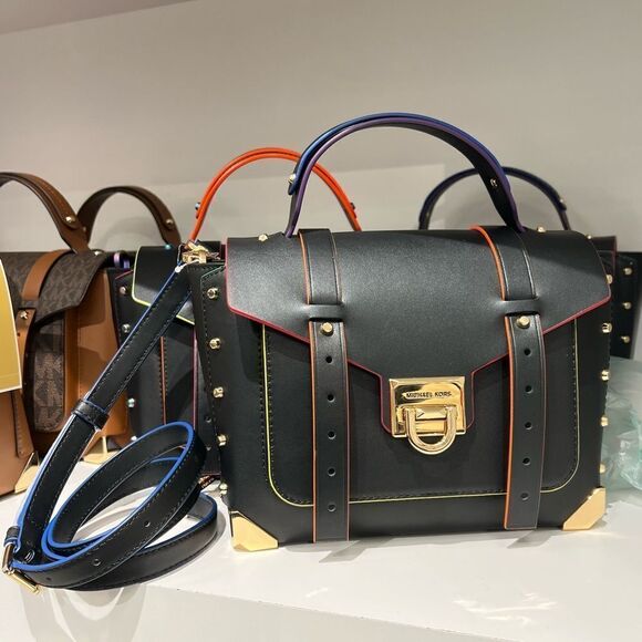 Michael Kors Manhattan Medium Contrast-Trim Black School Satchel xbody Messenger - Picture 1 of 15